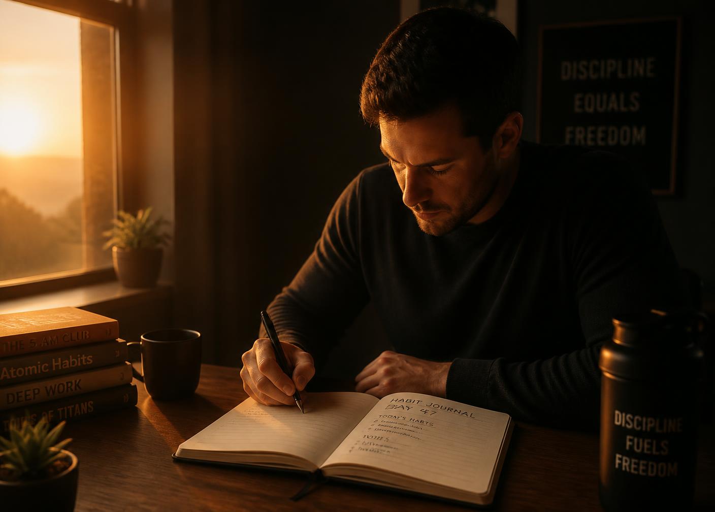 Pessoa escrevendo em um diário de hábitos ao amanhecer